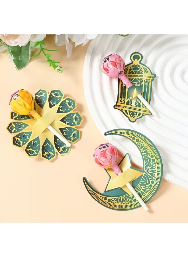 ٤٨ قطعة من بطاقات حامل المصاصات لعيد مبارك - أغطية حلوى ورقية بتصميم هلال ونجمة باللون الأبيض والأخضر والذهبي، مثالية لتوزيعات حفلات رمضان وعيد الفطر. - Image 3